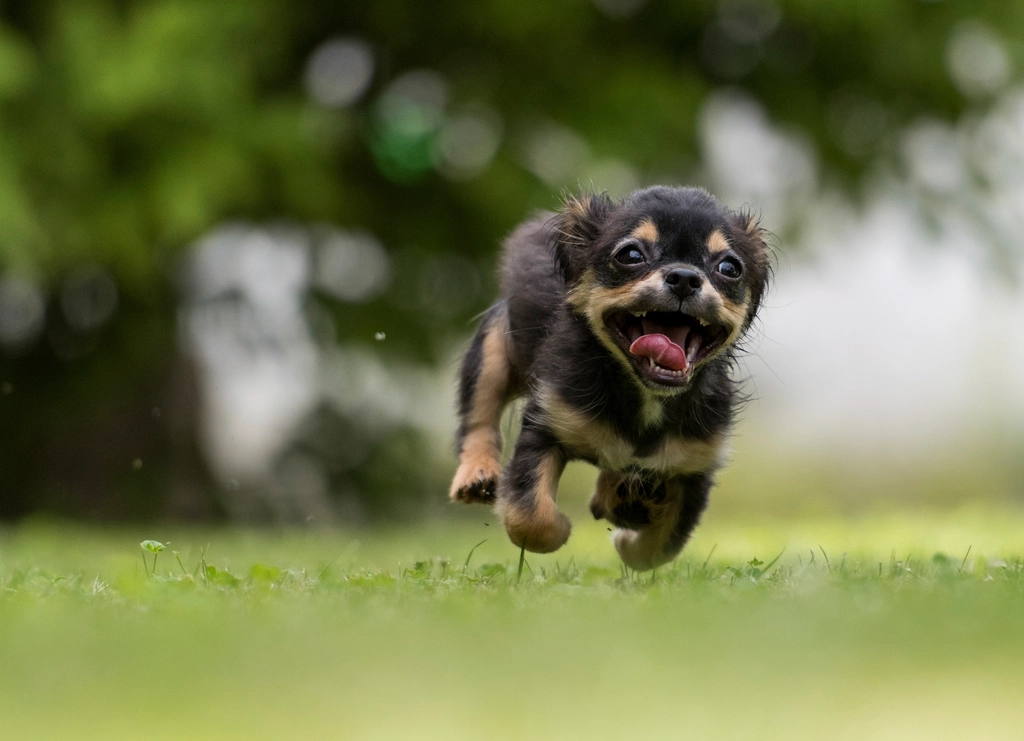 Puppy running toward the camera through grass